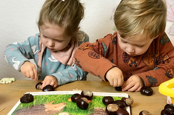 Heute basteln wir gemeinsam mit unserer Tagesmutter Kastanienigel aus unseren selbst gesammelten Kastanien von unserem eigenen Kastanienbaum.